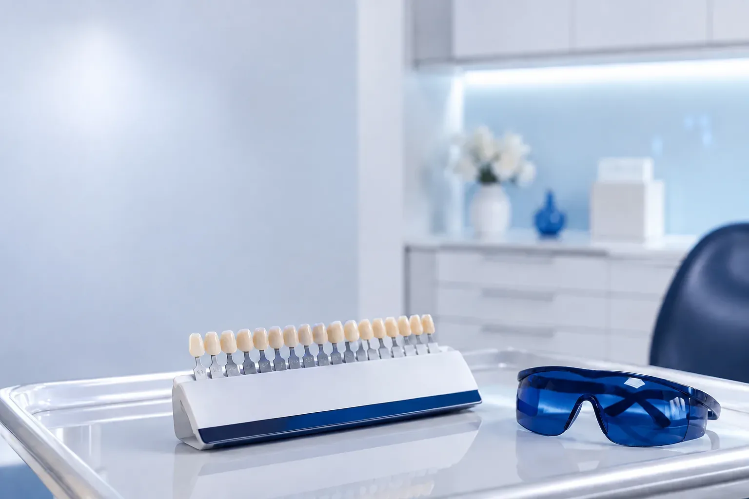 Guía de tonos y modelo dental para evaluación de blanqueamiento