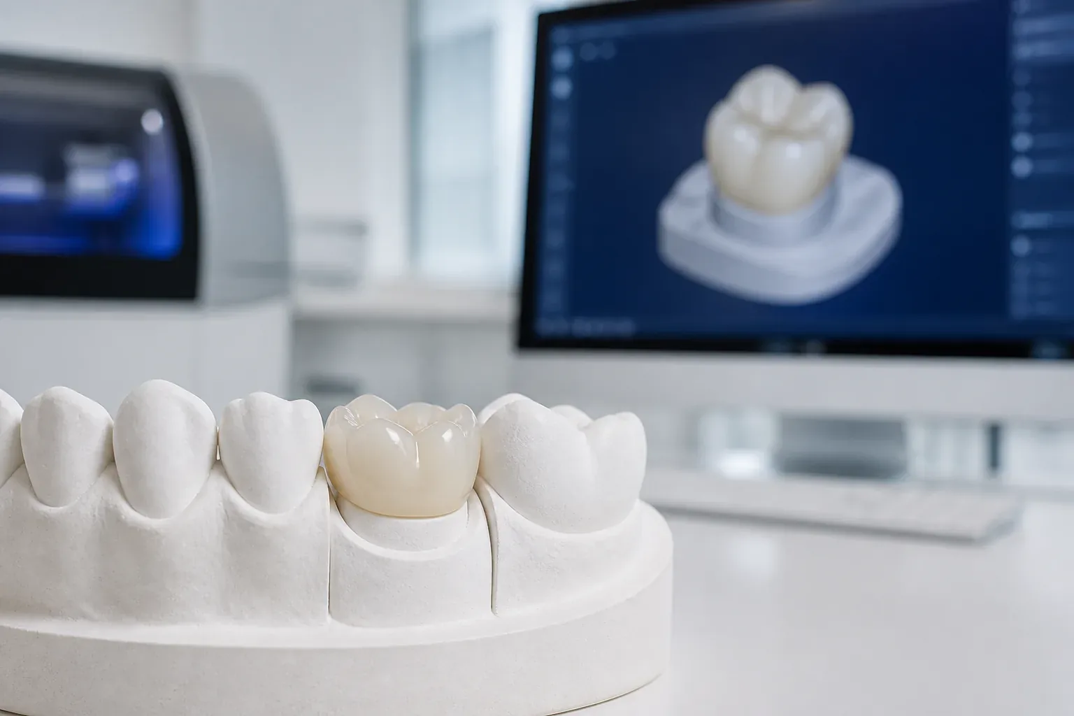 Corona dental de cerámica sobre modelo dental con planificación digital CAD/CAM