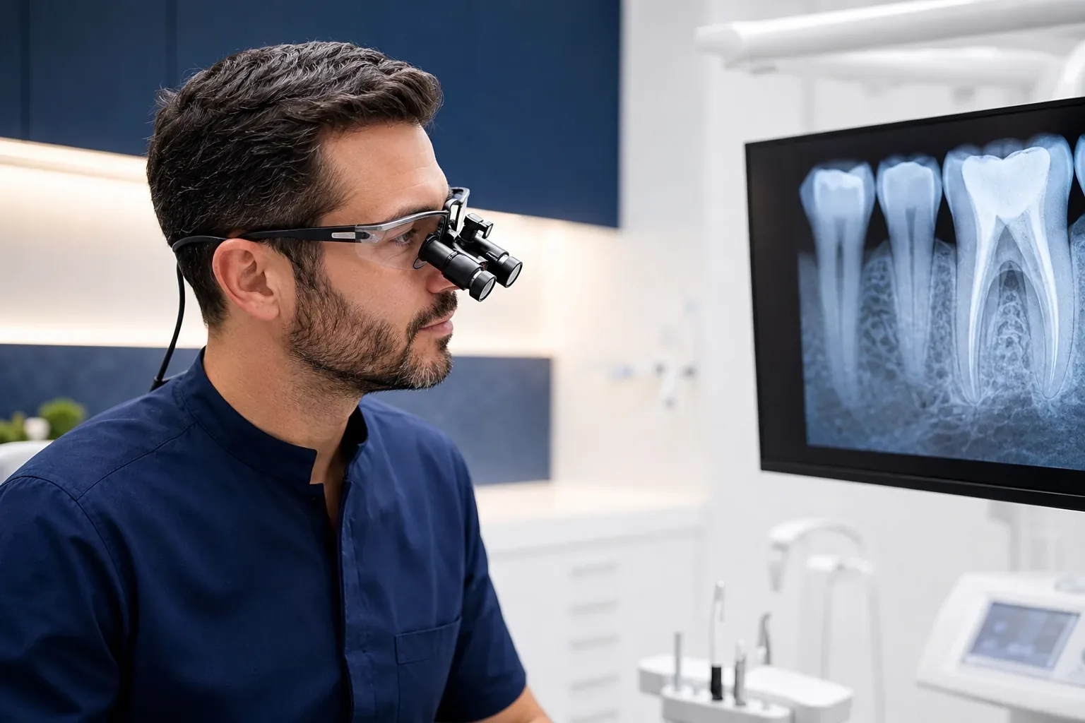 Especialista con lupas de alta magnificación revisando una radiografía dental digital