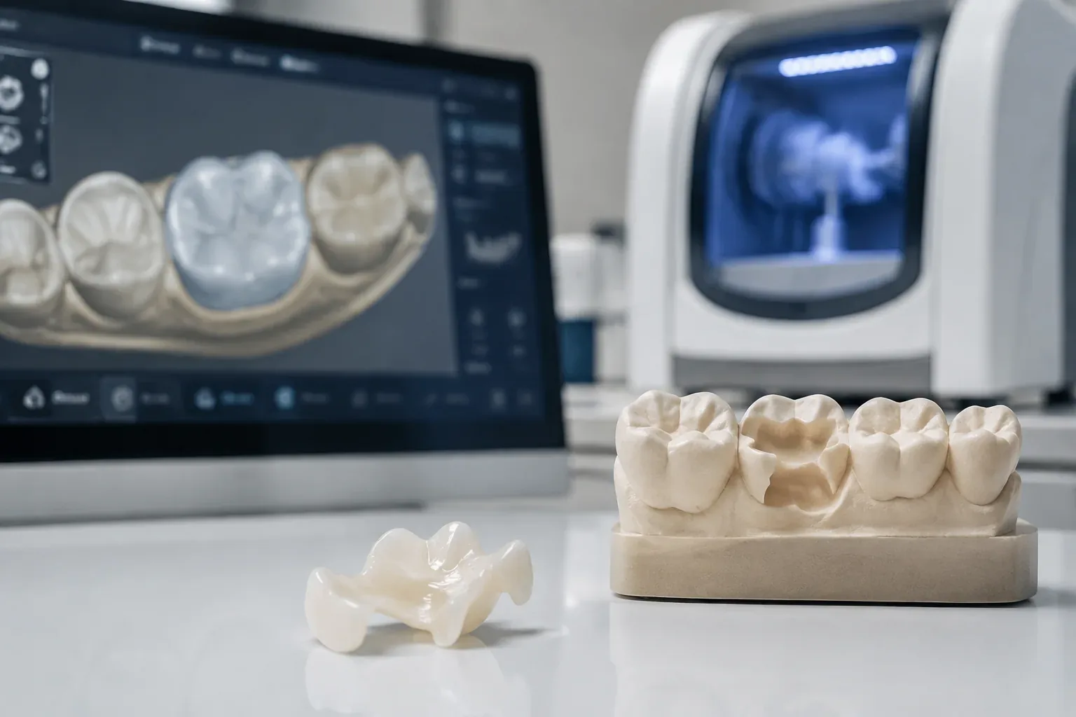 Incrustación dental de cerámica junto a modelo dental y equipo de diseño digital