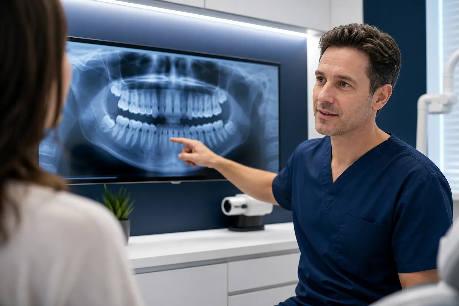 Evaluación dental con radiografía panorámica digital en clínica moderna